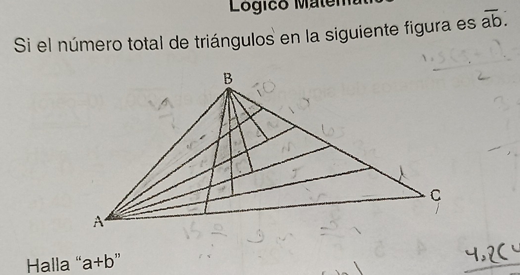 Logico Malem
Si el número total de triángulos en la siguiente figura es overline ab. 
Halla " a+b