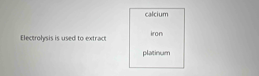 calcium 
iron 
Electrolysis is used to extract 
platinum