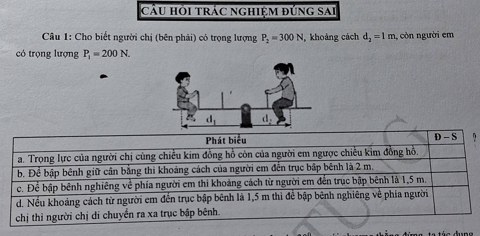 cầu hỏi trÁc nghiệm đúng sAi
Câu 1: Cho biết người chị (bên phải) có trọng lượng P_2=300N , khoảng cách d_2=1m , còn người em
có trọng lượng P_1=200N.
t  tá c dun g