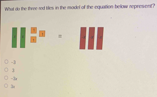 What do the three red tiles in the model of the equation below represent?
□ *  □ /□  = =□ * □ *
-3
3
-3x
3x