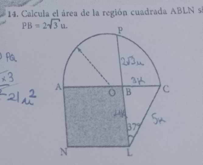 Calcula el área de la región cuadrada ABLN si
PB=2sqrt(3)u.