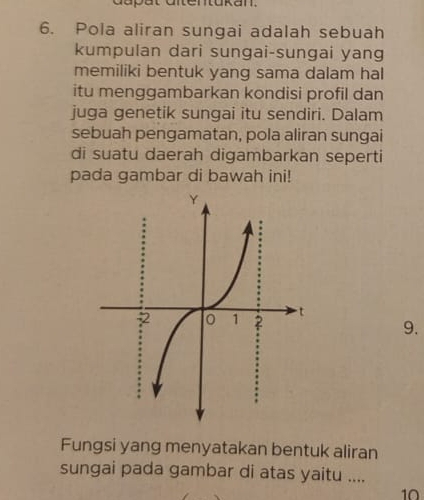 dapät Gitentükan. 
6. Pola aliran sungai adalah sebuah 
kumpulan dari sungai-sungai yang 
memiliki bentuk yang sama dalam hal 
itu menggambarkan kondisi profil dan 
juga genetik sungai itu sendiri. Dalam 
sebuah pengamatan, pola aliran sungai 
di suatu daerah digambarkan seperti 
pada gambar di bawah ini! 
9. 
Fungsi yang menyatakan bentuk aliran 
sungai pada gambar di atas yaitu .... 
10