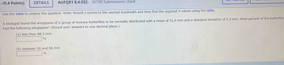 −/0.4 Points] DETAILS AUFQR1 8.4.032. 0/100 Submissions Used 
Use the table to answer the question. Note: Round z-scores to the nearest hundredth and then find the required A values using the table. 
A biologist found the wingspans of a group of monary butterflies to be normally distributed with a mean of 51.9 mm and a standard deviation of 2.3 mm. What percent of the butterflie 
had the following wingspans? (Round your answers to one decimal place.) 
(a) less than 48.3 mm
%
(b) between 50 and 56 mm
□ %