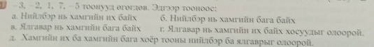 1 -3, −2, 1, 7, -5 тоонууд егогдθв. Θлгэр τооноос:
a. Нийлбэр нь хамгийн их байх 6. Нийлбэр нь хамгнйн бaга бaйх
в. Ялгавар нь хамгнйн бaга байх 1. Ялгавар нь хамгнйн ηх байх хосуулыг олоорой.
2. Χамгийн ηх ба хамгнйн бага хοδр τοоны нηйлбэр ба ялгаврыг олоорοй.