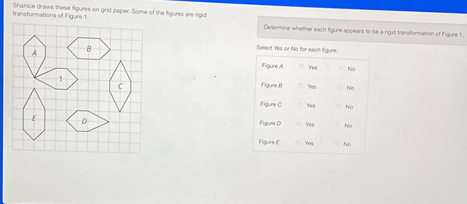 Shanice draws these figures on grid paper. Some of the figures are rigid 
transformations of Figure 1. Determine whether each figure appears to be a rigid transformation of Figure 1. 
Select Yes or No for each figure.