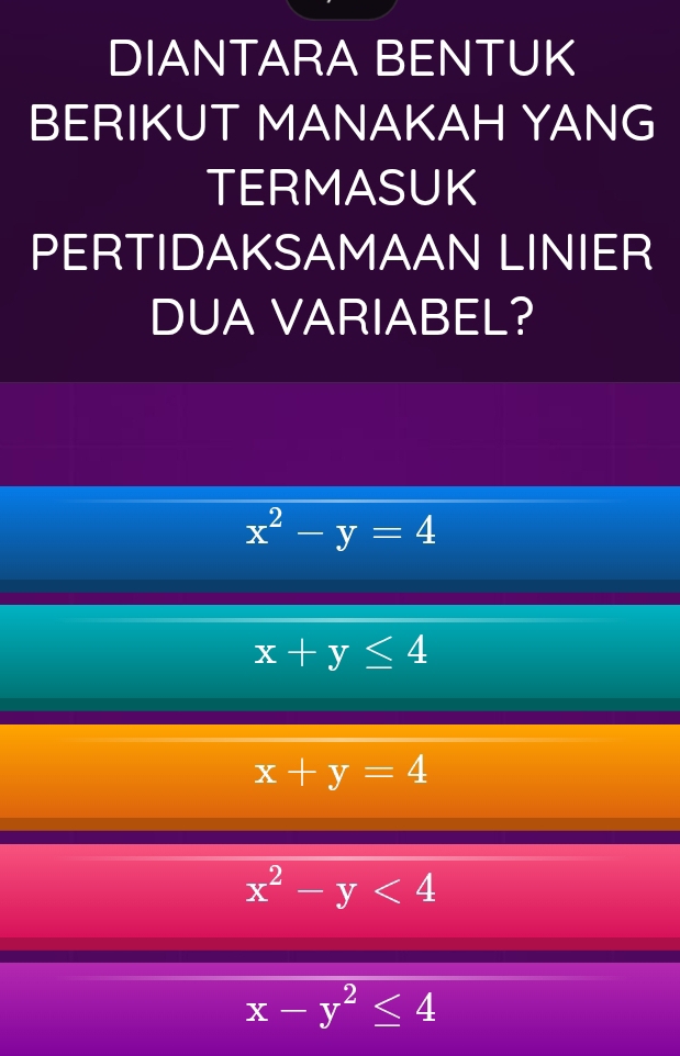 DIANTARA BENTUK
BERIKUT MANAKAH YANG
TERMASUK
PERTIDAKSAMAAN LINIER
DUA VARIABEL?
x^2-y=4
x+y≤ 4
x+y=4
x^2-y<4</tex>
x-y^2≤ 4