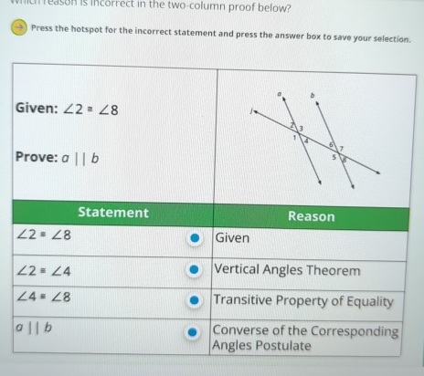 ich reason is incorrect in the two-column proof below? 
→) Press the hotspot for the incorrect statement and press the answer box to save your selection. 
Given: ∠ 2=∠ 8
Prove: aparallel b
Statement Reason
∠ 2equiv ∠ 8 Given
∠ 2≌ ∠ 4 Vertical Angles Theorem
∠ 4=∠ 8 Transitive Property of Equality
aparallel b Converse of the Corresponding 
Angles Postulate