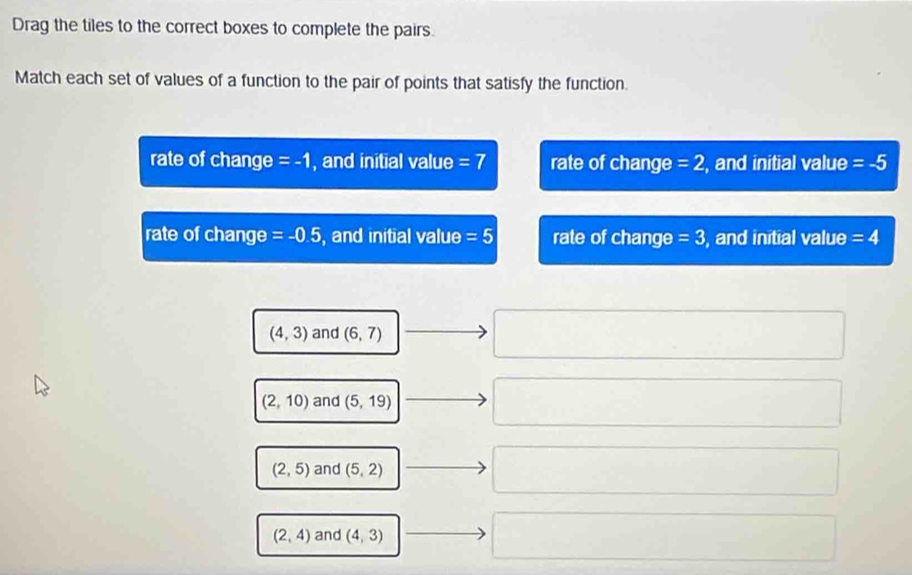 Drag the tiles to the correct boxes to complete the pairs.
Match each set of values of a function to the pair of points that satisfy the function.
rate of change =-1 , and initial value =7 rate of change =2 , and initial value =-5
rate of change =-0.5 , and initial value =5 rate of change =3 , and initial value =4
□ 
(4,3) and (6,7) □
(2,10) and (5,19) to □
(2,5) and (5,2) to □
(2,4) and (4,3) _  □