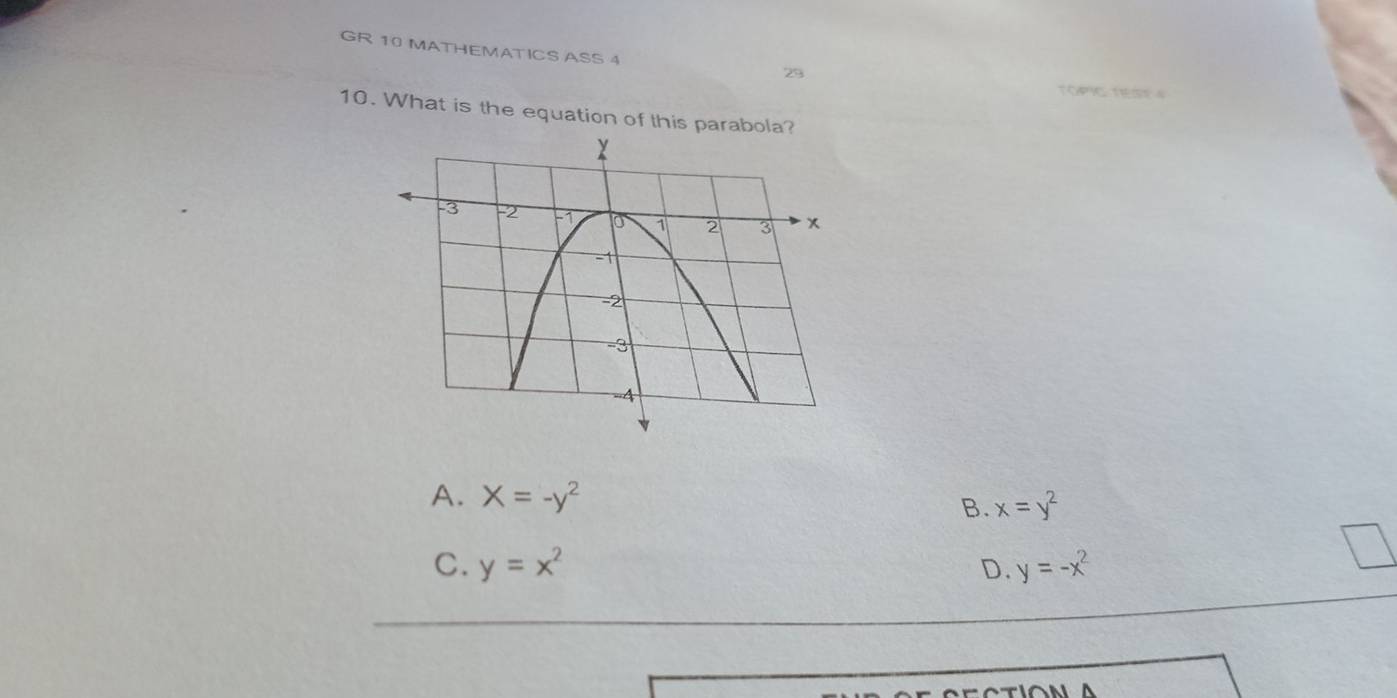 GR 10 MATHEMATICS ASS 4
29
TOPIC TESE A
10. What is the equation of this par
A. X=-y^2
B. x=y^2
C. y=x^2 D. y=-x^2