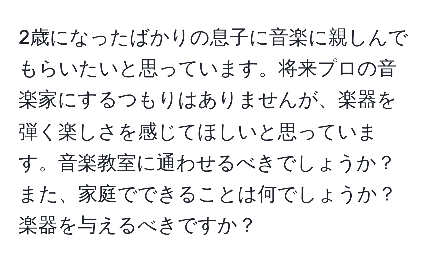 2歳になったばかりの息子に音楽に親しんでもらいたいと思っています。将来プロの音楽家にするつもりはありませんが、楽器を弾く楽しさを感じてほしいと思っています。音楽教室に通わせるべきでしょうか？また、家庭でできることは何でしょうか？楽器を与えるべきですか？