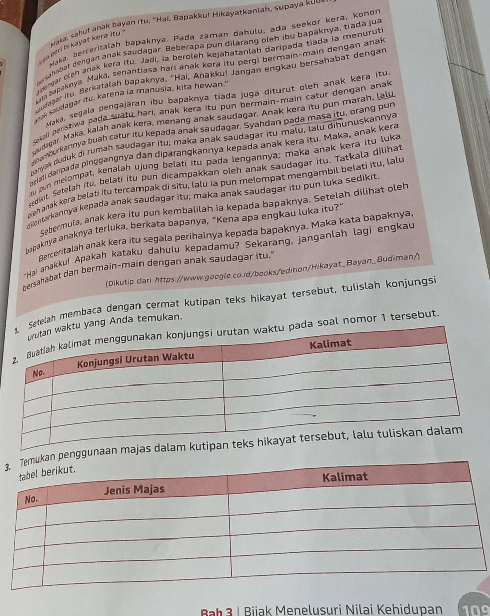 Maka, sahut anak bayan itu, "Hai, Bapakku! Hikayatkanlah, supaya kuu
Maka, berceritalah bapaknya. Pada zaman dahulu, ada seekor kera, konon
ga peri hikayat kera itu.
bersahabat dengan anak saudagar. Beberapa pun dilarang oleh ibu bapaknya, tiada jua
didengar oleh anak kera itu. Jadi, ia beroleh kejahatanlah daripada tiada ia menurut
kata bapaknya. Maka, senantiasa hari anak kera itu pergi bermain-main dengan anak
kaudagar itu. Berkatalah bapaknya, “Hai, Anakku! Jangan engkau bersahabat dengan
Maka, segala pengajaran ibu bapaknya tiada juga diturut oleh anak kera itu
anak saudagar itu, karena ia manusia, kita hewan.'
Sekali peristiwa paḍa suatu hari, anak kera itu pun bermain-main catur dengan anak
saudagar. Maka, kalah anak kera, menang anak saudagar. Anak kera itu pun marah, lalu
dihamburkannya buah catur itu kepada anak saudagar. Syahdan pada masa itu, orang pun
banyak duduk di rumah saudagar itu; maka anak saudagar itu malu, lalu dihunuskannya
belati daripada pinggangnya dan diparangkannya kepada anak kera itu. Maka, anak kera
itu pun melompat, kenalah ujung belati itu pada lengannya; maka anak kera itu luka
sedikit. Setelah itu, belati itu pun dicampakkan oleh anak saudagar itu. Tatkala dilihat
oleh anak kera belati itu tercampak di situ, lalu ia pun melompat mengambil belati itu, lalu
dilontarkannya kepada anak saudagar itu; maka anak saudagar itu pun luka sedikit.
Sebermula, anak kera itu pun kembalilah ia kepada bapaknya. Setelah dilihat oleh
bapaknya anaknya terluka, berkata bapanya, “Kena apa engkau luka itu?”
Berceritalah anak kera itu segala perihalnya kepada bapaknya. Maka kata bapaknya,
*Hai anakku! Apakah kataku dahulu kepadamu? Sekarang, janganlah lagi engkau
bersahabat dan bermain-main dengan anak saudagar itu.’
(Dikutip dari https://www.google.co.id/books/edition/Hikayat_Bayan_Budiman/)
etelah membaca dengan cermat kutipan teks hikayat tersebut, tulislah konjungsi
yang Anda temukan.
a soal nomor 1 tersebut.
3penggunaa
Bah 3 | Biiak Menelusuri Nilai Kehidupan 109