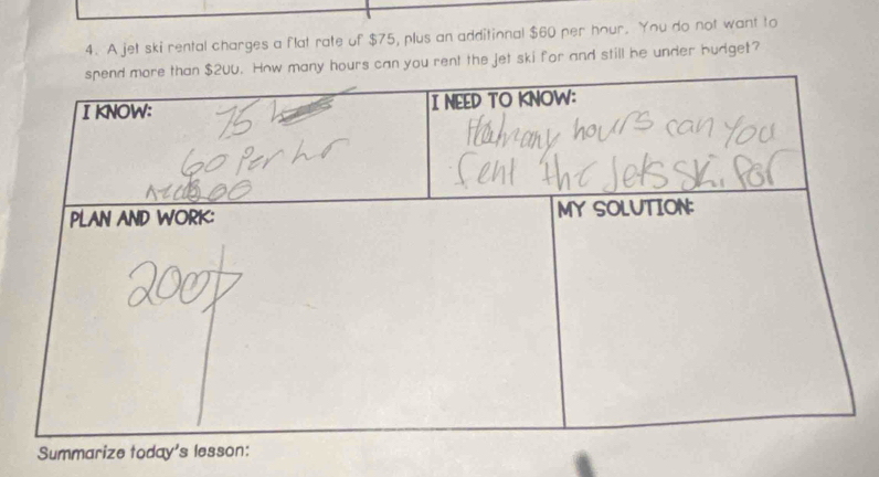 A jet ski rental charges a flat rate of $75, plus an additional $60 per hour. You do not want to 
you rent the jet ski for and still be under budget?