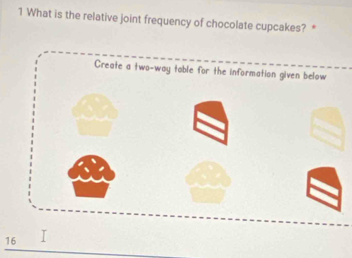 What is the relative joint frequency of chocolate cupcakes? * 
Create a two-way table for the information given below
16