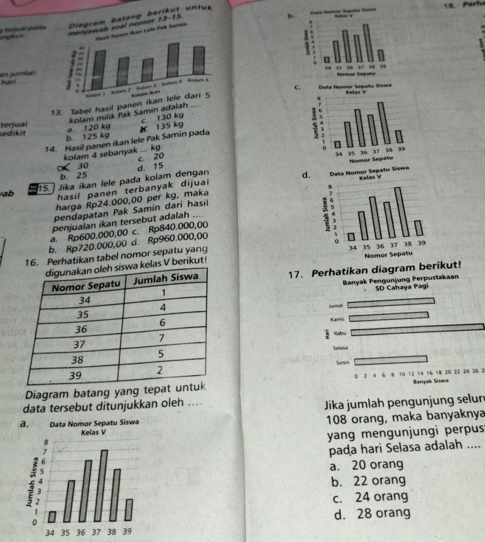 b18. Perh
a terual pada Diagram batang berikut untuk
ingkus. ab soal nomor 13-15.
Lele Pak Samin
B
hari .... 
an jumlah
C.
13. Tabel hasil panen ikan lele dari 5
kolam milik Pak Samin adalah ....
terjual
c. 130 kg
a. 120 kg M 135 kg
sedikit b 125 kg
14. Hasil panen ikan lele Pak Samin pada
kolam 4 sebanyak ... kg.
c. 20
α 30 d. 15
b. 25 d.
ab 15. Jika ikan lele pada kolam dengan
hasil panen terbanyak dijual
harga Rp24.000,00 per kg, maka
pendapatan Pak Samin dari hasil
penjualan ikan tersebut adalah ....
a. Rp600.000,00 c. Rp840.000,00
b. Rp720.000,00 d. Rp960.000,00
16. Perhatikan tabel nomor sepatu yang
las V berikut! 
17. Perhatikan diagram berikut!
Banyak Pengunjung Perpustakaan



Diagram batang yang tepa 10 12 14 16 18 20 22 24 26 2
data tersebut ditunjukkan oleh ....
Jika jumlah pengunjung selur
108 orang, maka banyaknya
yang mengunjungi perpus
pada hari Selasa adalah ....
a. 20 orang
b. 22 orang
c. 24 orang
d. 28 orang