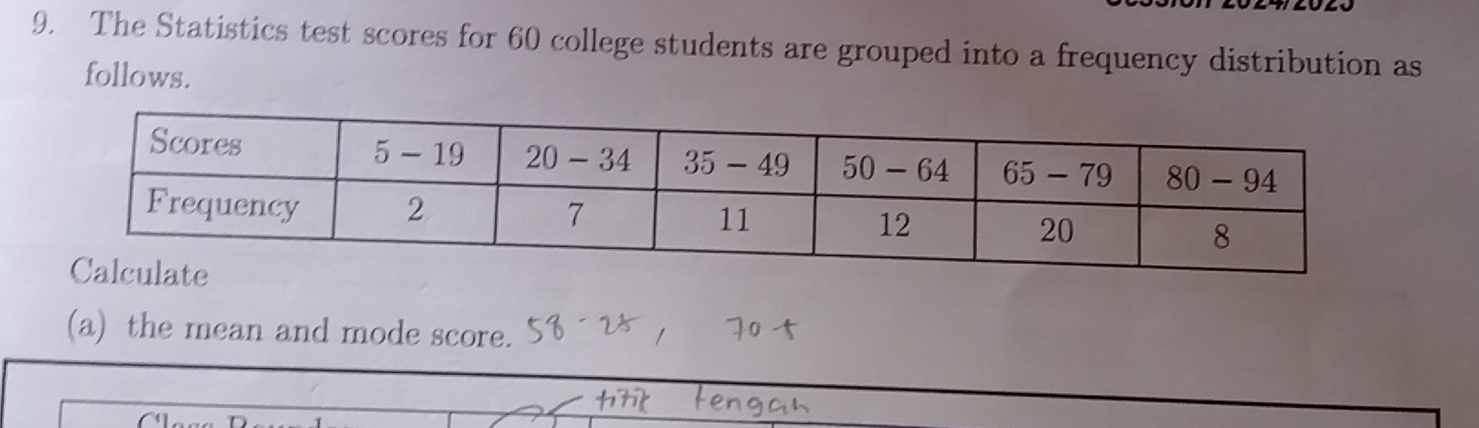 The Statistics test scores for 60 college students are grouped into a frequency distribution as
follows.
(a) the mean and mode score.