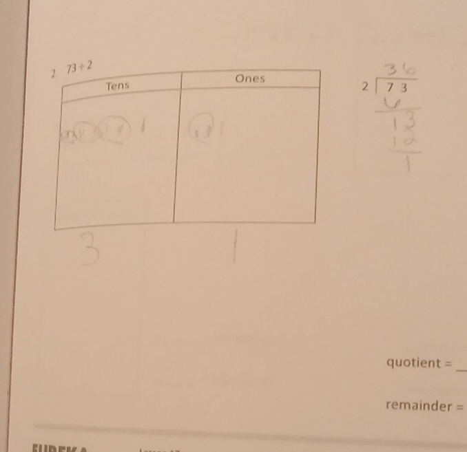 beginarrayr 2encloselongdiv 73endarray
quotient =_
remainder =