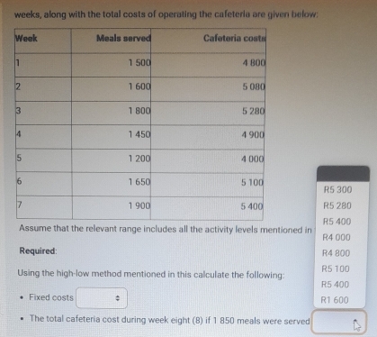 weeks, along with the total costs of operating the cafeteria are given below:
R5 300
R5 280
R5 400
Assume that the relevant range includes all the activity levels mentioned in R4 000
Required R4 800
Using the high-low method mentioned in this calculate the following: R5 100
R5 400
Fixed costs R1 600
The total cafeteria cost during week eight (8) if 1 850 meals were served