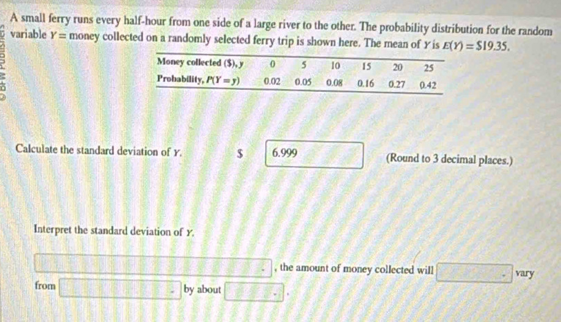 A small ferry runs every half-hour from one side of a large river to the other. The probability distribution for the random
variable Y= money collected on a randomly selected ferry trip is shown here. The mean of Yis E(Y)=$19.35.
Calculate the standard deviation of Y. $ 6.999 (Round to 3 decimal places.)
Interpret the standard deviation of y.
□ 11.overline  , the amount of money collected will □ vary
from □ by about □ .