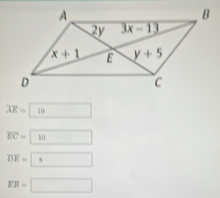 overline AE=10
overline EC=10
overline DE=8
overline EB=□