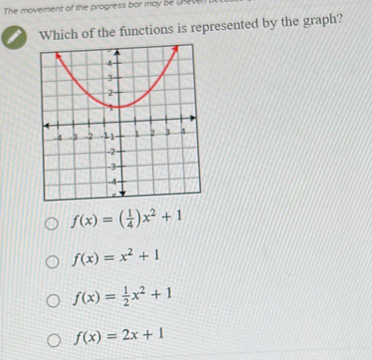 The movement of the progress bar may be unever
Which of the functions is represented by the graph?
f(x)=( 1/4 )x^2+1
f(x)=x^2+1
f(x)= 1/2 x^2+1
f(x)=2x+1