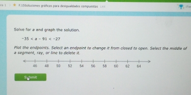 F15Soluciones gráficas para despualdades compuestas (IX 
Solve for a and graph the solution.
-35
Plot the endpoints. Select an endpoint to change it from closed to open. Select the middle of 
a segment, ray, or line to delete it. 
Shmit