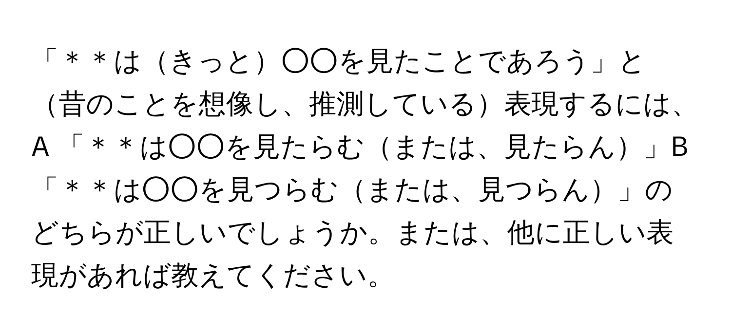 「＊＊はきっと○○を見たことであろう」と昔のことを想像し、推測している表現するには、A 「＊＊は○○を見たらむまたは、見たらん」B 「＊＊は○○を見つらむまたは、見つらん」のどちらが正しいでしょうか。または、他に正しい表現があれば教えてください。