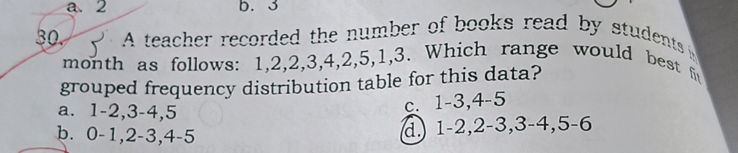 2 b. 3
30. A teacher recorded the number of books read by students b
month as follows: 1, 2, 2, 3, 4, 2, 5, 1, 3. Which range would best fit
grouped frequency distribution table for this data?
a. 1 -2, 3 -4, 5
c. 1 -3, 4 -5
b. 0 -1, 2 -3, 4 -5
d.) 1 -2, 2 -3, 3 -4, 5 -6