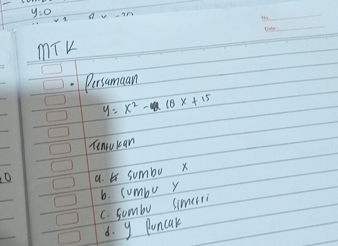 y=0
_
_
MT K
Persamaan
y=x^2- 10x+15
Tenrokcan
O
a. sumbo x
6. sumbo y
C. sumbu simerri
d. 9 Puncak