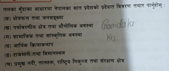 तलका बुँदाका आधारमा नेपालका सात प्रदेशको प्रदेशत विवरण तयार पानुंहोस् : 
(क) क्षेत्रफल तथा जनसङ्ख्या 
(ख) पर्यावरणीय क्षेत्र तथा भौगोलिक अवस्था 
(ग) सामाजिक तथा सांस्कृतिक अवस्था 
(घ) आर्थिक क्रियाकलाप 
(ड) राजमार्गे तथा विमानस्थल 
(च) प्रमुख नदी, तालहरू, राष्ट्रिय निकुञ्ज तथा संरक्षण क्षेत्र