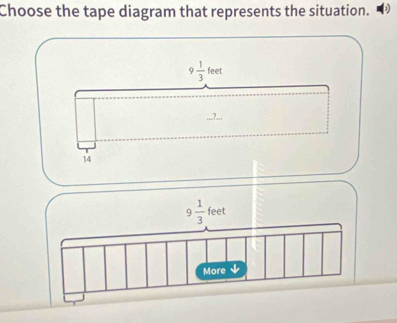 Choose the tape diagram that represents the situation. D
9 1/3 feet
14
9 1/3 feet
More