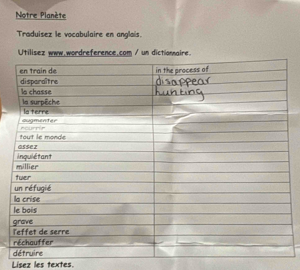 Notre Planète 
Traduisez le vocabulaire en anglais. 
Utilisez www.wordreference.com / un dictionnaire. 
Lisez les textes.