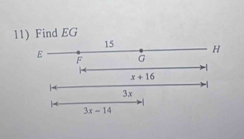 Find EG
15
H
E F
G
x+16
-1
3x

3x-14