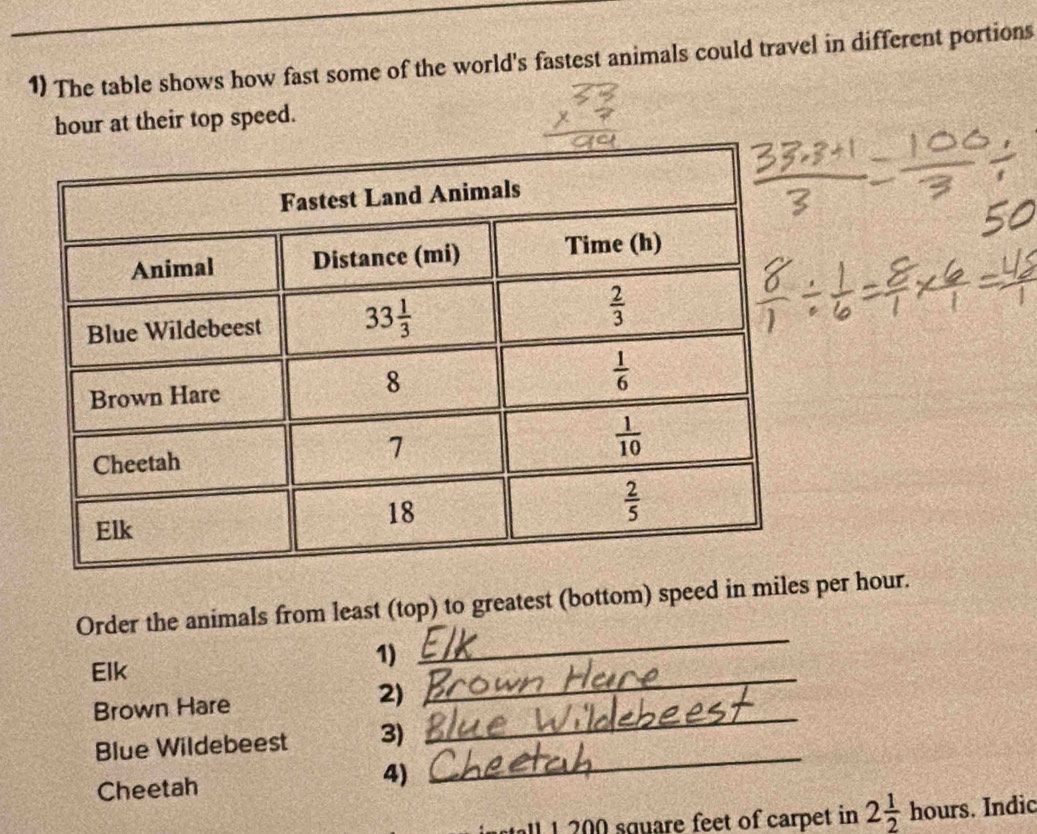 The table shows how fast some of the world's fastest animals could travel in different portions
hour at their top speed.
Order the animals from least (top) to greatest (bottom) speed in miles per hour.
Elk
1)
_
_
Brown Hare
2)
_
Blue Wildebeest 3)
Cheetah
4)
_
l   00 square feet of carpet in 2 1/2 hours. Indic