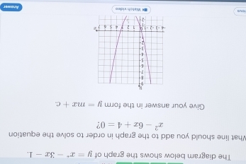 The diagram below shows the graph of y=x°-3x-1. 
What line should you add to the graph in order to solve the equation
x^2-6x+4=0 ?
Give your answer in the form y=mx+c
ious I Watch video