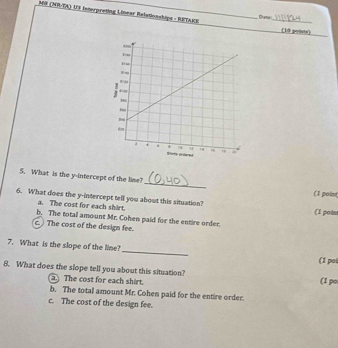 M8 (NR-TA) U3 Interpreting Linear Relationships - RETAKE
_
Date
(10 points)
_
5. What is the y-intercept of the line?
(1 point
6. What does the y-intercept tell you about this situation?
a. The cost for each shirt. (1 point
b. The total amount Mr. Cohen paid for the entire order.
c. The cost of the design fee.
_
7. What is the slope of the line?
(1 poi
8. What does the slope tell you about this situation?
a. The cost for each shirt. (1 po
b. The total amount Mr. Cohen paid for the entire order.
c. The cost of the design fee.