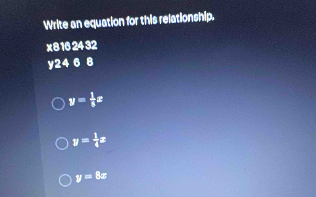 Write an equation for this relationship.
x8162432
y24 6 8
y= 1/8 x
y= 1/4 x
y=8x