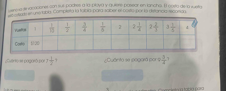 Lorena va de vacaciones con sus padres a la playa y quiere pasear en lancha. El costo de la vuelta
está cotizado en una tabla. Completa la tabla para saber el costo por la distancia recorrida.
¿Cuánto se pagará por 7 1/2  ¿Cuánto se pagará por 9  3/4  ?
Luis ar
3
Completa la tabla para