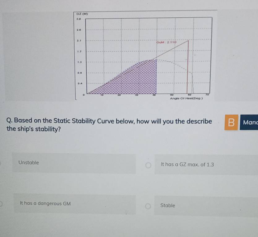 GZ (M)
3.0
2.0
2.1 DoM: 2 110
1.7
1.3
。..
0.4
。 10 56 60 01 70
Angle Of Heel(Deg.)
Q. Based on the Static Stability Curve below, how will you the describe B Man
the ship's stability?
Unstable It has a GZ max. of 1.3
it has a dangerous GM Stable