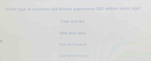 What type of summers did Britain experience 300 million years ago?
Cold and dry
Mild and rainy
Hot and humid
Cool and breezy