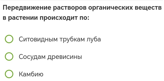 Передвижение растворов органических веществ
в растении πроисходиτ πо:
Ситовидным трубкам луба
Coсудам древисины
Камбию