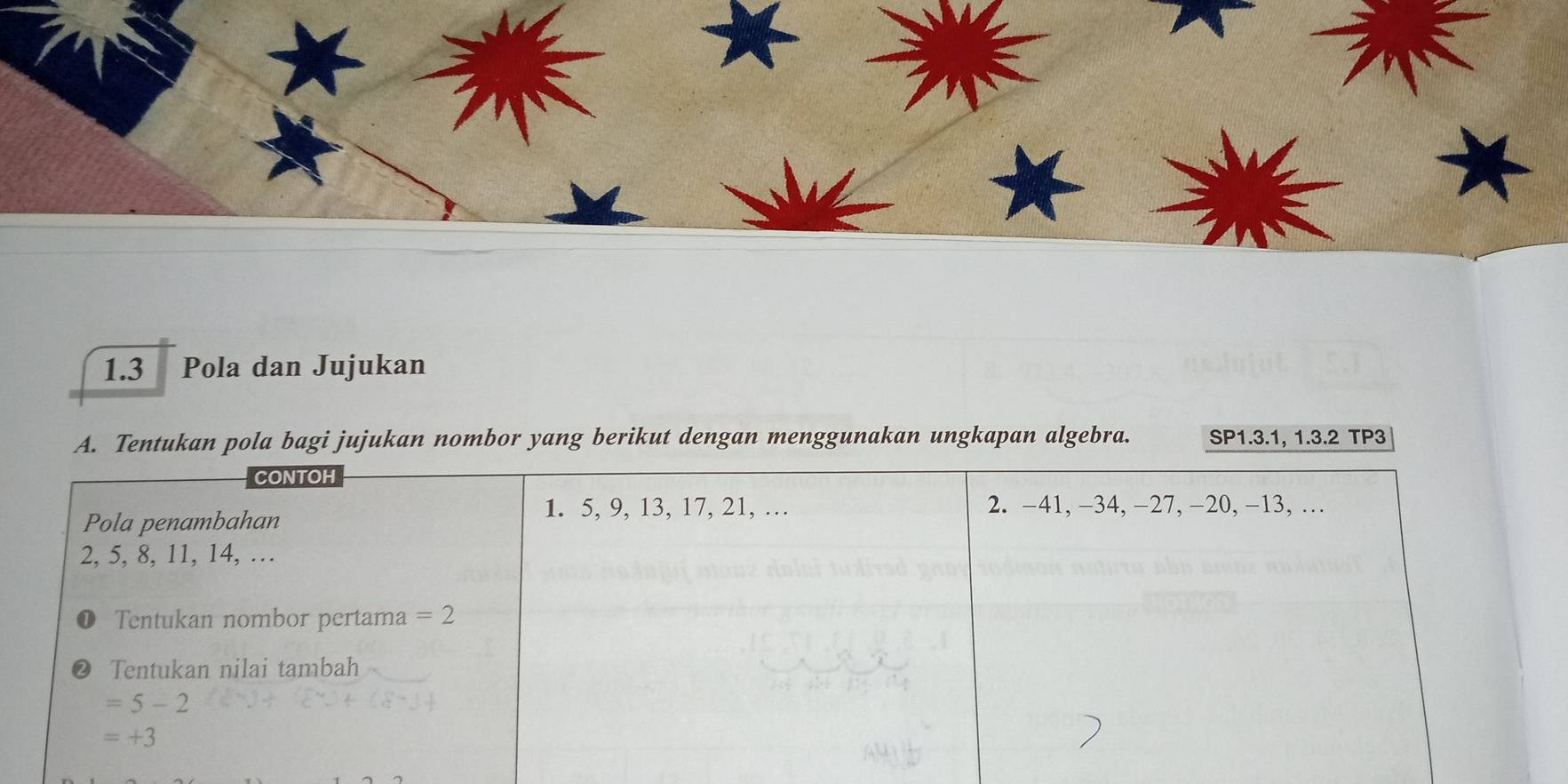 1.3 Pola dan Jujukan
A. Tentukan pola bagi jujukan nombor yang berikut dengan menggunakan ungkapan algebra. SP1.3.1, 1.3.2 TP3