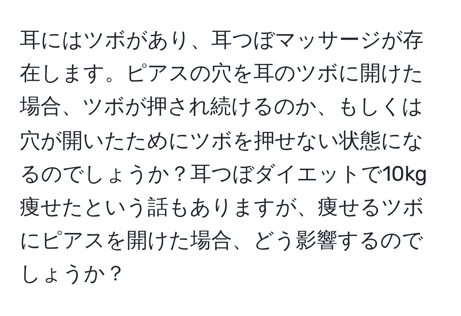 耳にはツボがあり、耳つぼマッサージが存在します。ピアスの穴を耳のツボに開けた場合、ツボが押され続けるのか、もしくは穴が開いたためにツボを押せない状態になるのでしょうか？耳つぼダイエットで10kg痩せたという話もありますが、痩せるツボにピアスを開けた場合、どう影響するのでしょうか？