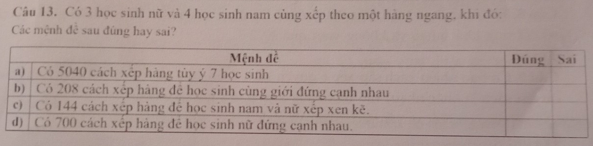 Có 3 học sinh nữ và 4 học sinh nam cùng xếp theo một hàng ngang. khi đó: 
Các mệnh đề sau đúng hay sai?