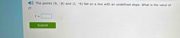 The points (9,-8) and (t,-9) fall on a line with an undefined slope. What is the value of
t?
t=□
Submit