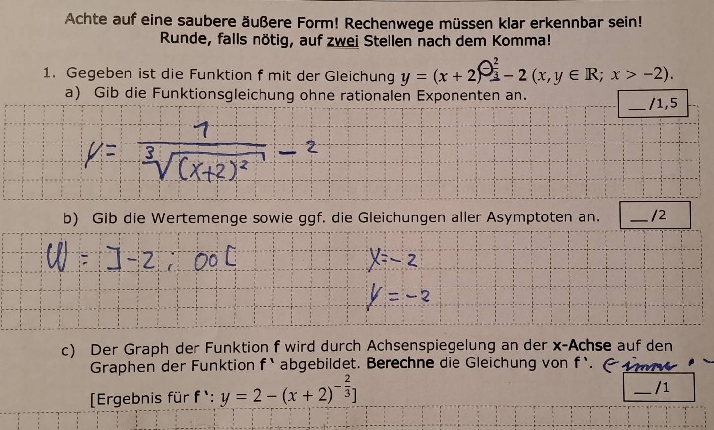 Achte auf eine saubere äußere Form! Rechenwege müssen klar erkennbar sein! 
Runde, falls nötig, auf zwei Stellen nach dem Komma! 
1. Gegeben ist die Funktion f mit der Gleichung y=(x+2)^- 2/3 -2(x,y∈ R; x>-2). 
a) Gib die Funktionsgleichung ohne rationalen Exponenten an. 
_/1,5 
b) Gib die Wertemenge sowie ggf. die Gleichungen aller Asymptoten an. _/2 
c) Der Graph der Funktion f wird durch Achsenspiegelung an der x -Achse auf den 
Graphen der Funktion f^ abgebildet. Berechne die Gleichung von f
Ergebnis für f∵ y=2-(x+2)^- 2/3 ]
_/1