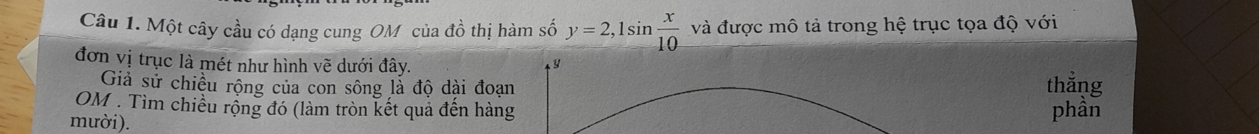 Một cây cầu có dạng cung OM của đồ thị hàm số y=2,1sin  x/10  và được mô tả trong hệ trục tọa độ với 
y 
đơn vị trục là mét như hình vẽ dưới đây. thẳng 
Giả sử chiều rộng của con sông là độ dài đoạn 
OM . Tìm chiều rộng đó (làm tròn kết quả đến hàng phần 
mười).