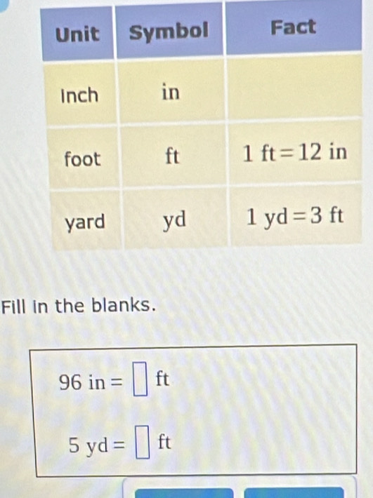 Fill in the blanks.
96in=□ ft
5yd=□ ft