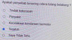 Apakah penyebab tersering cidera tulang belakang ?
Tindak kekerasan
Penyakit
Kecelakaan kendaraan bermotor
Terjatuh
Saya Tidak Tahu.