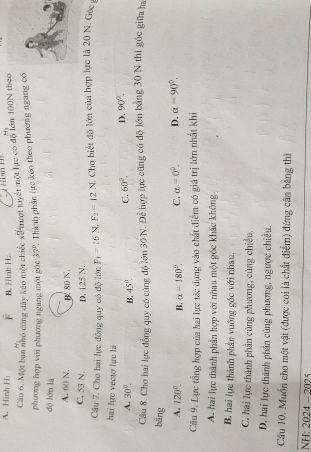 A. Hình H₁ vector F B. Hình H2. Hình H3. H_3
Câu 6. Một bạn đó dùng dây kéo một chiếc xế trượt tuyết một lực có độ lớn 100N theo
H_1
phương hợp với phương ngang một góc 37° ' Thành phần lực kéo theo phương ngang có
độ lớn là
A. 60 N. B. 80 N.
C. 53 N. D. 125 N.
Câu 7. Cho hai lực đồng quy có độ lớn F_1=16N, F_2=12N * Cho biết độ lớn của hợp lực là 20 N. Góc 
hai lực vectơ lực là
A. 30^0. B. 45°.
C. 60^0. D. 90^0. 
Câu 8. Cho hai lực đồng quy có cùng độ lớn 30 N. Để hợp lực cũng có độ lớn bằng 30 N thì góc giữa ha
bằng
A. 120^0. B. alpha =180°. C. alpha =0^0. D. alpha =90°. 
Câu 9. Lực tổng hợp của hai lực tác dụng vào chất điểm có giá trị lớn nhất khi
A. hai lực thành phần hợp với nhau một góc khác không.
B. hai lực thành phần vuông góc với nhau.
C. hai lực thành phần cùng phương, cùng chiều.
D. hai lực thành phần cùng phương, ngược chiều.
Câu 10. Muốn cho một vật (được coi là chất điểm) đứng cân bằng thì
NH: 2024 - 2025