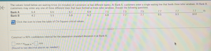 The values listed below are waiting times (in minutes) of customers at two different banks. At Bank A, customers enter a single waiting line that feeds three teller windows. At Bank B, 
customers may enter any one of three different lines that have formed at three teller windows. Answer the following questions.
7.1
Bank A 。 
Bank B 6.4 6.6 6.7 6.8 6.2 6.8 7.3 7.7 7.5 7.7 7.7 8.5 7.7 9.3 7.7 10.0
4 2 5.5 5.8
9 Click the icon to view the table of Chi-Square critical values. 
Construct a 95% confidence interval for the population standard deviation σ at Bank A
□ min Bant A
(Round to two decimal places as needed )